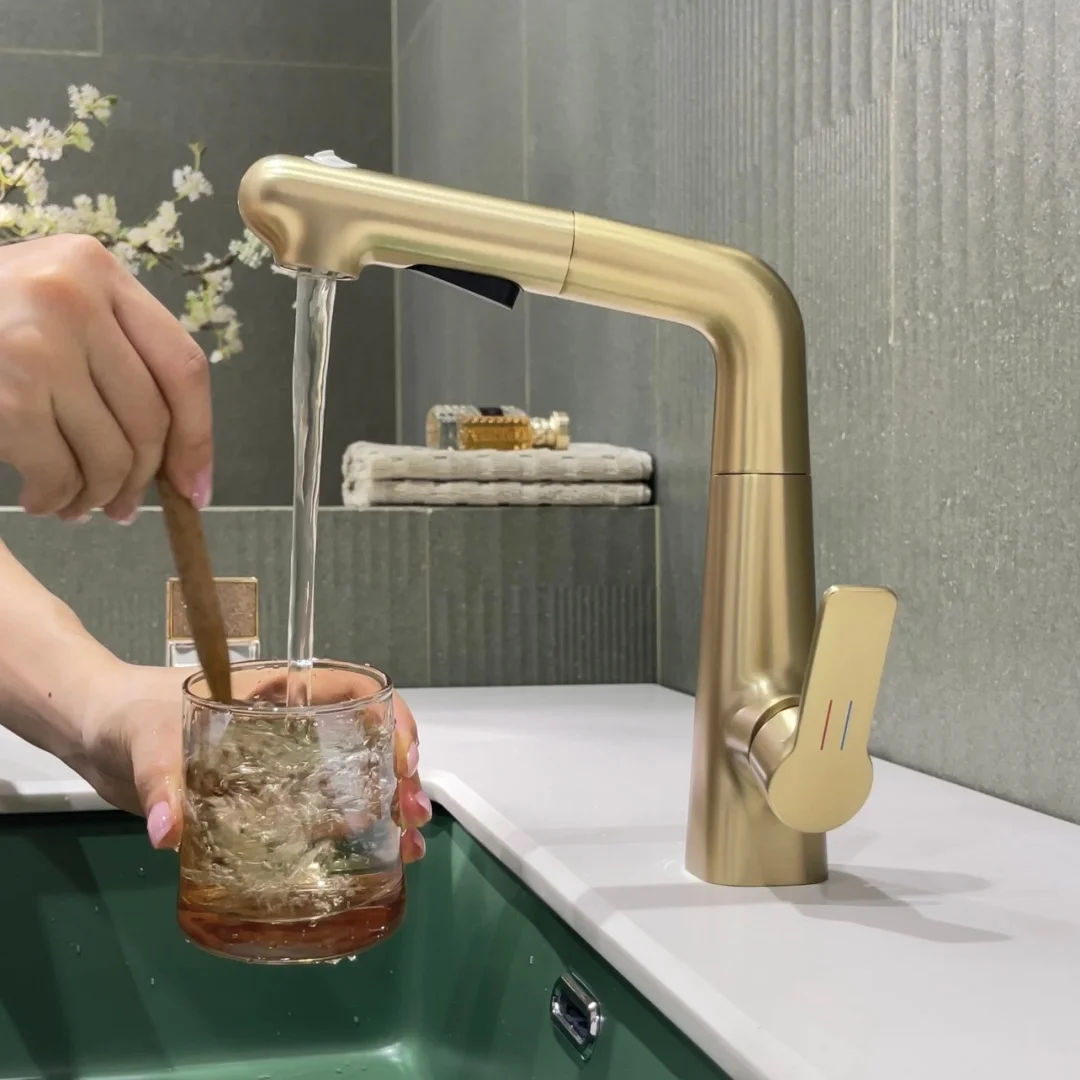 Brushed Gold Pull Out Bathroom Faucet Grey Basin Faucet Hot Cold Sink Faucet Brass  White Lavatory  Sink Water Crane