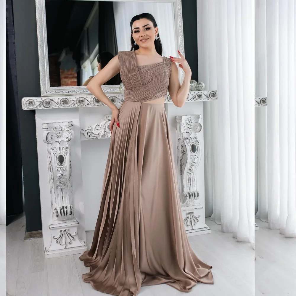 Customized Jersey Sequined Ruched Prom A-line Square Neck Bespoke Occasion Gown Long Dresses