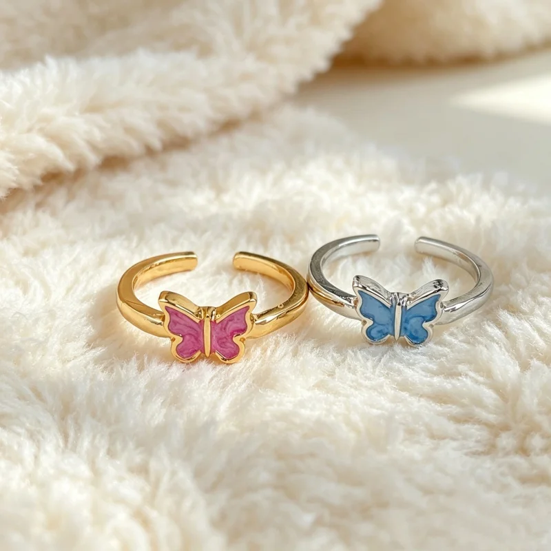 Couple Ring Charm Blue Pink Butterfly Resizable Golden Ring For Women&Men Classical Fashion Jewelry Student Ring 2024
