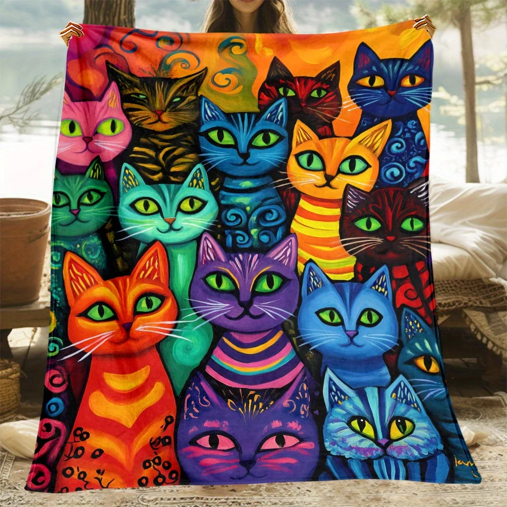 Colorful Cat-Themed Fleece Blanket - Soft, Lightweight, And Warm, Suitable for All Seasons - Perfect for Use on Beds, Sofas, Off