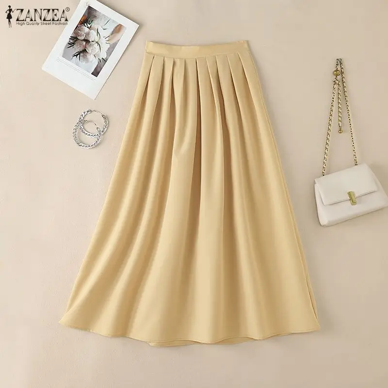 Saia Longa Maxi Feminina Elegante ZANZEA, Saia de Escritório de Cintura Alta, Plissada em A, Sólida, para Festa, Moda, Jupe