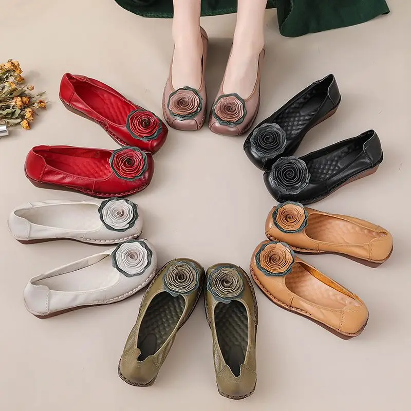 New Spring luxury cowhide leather shoes woman handmade flower flats retro wedged loafers ladies chic soft red dressy moccasins