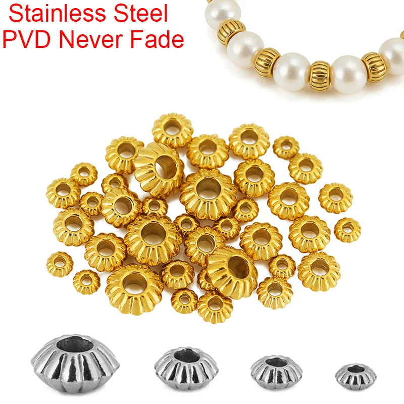 10pcs Stainless Steel Big Large Hole Spacer Beads 4 5 6 8 mm PVD Never Fade Necklace Bracelet Beads Diy Findings Jewelry Making