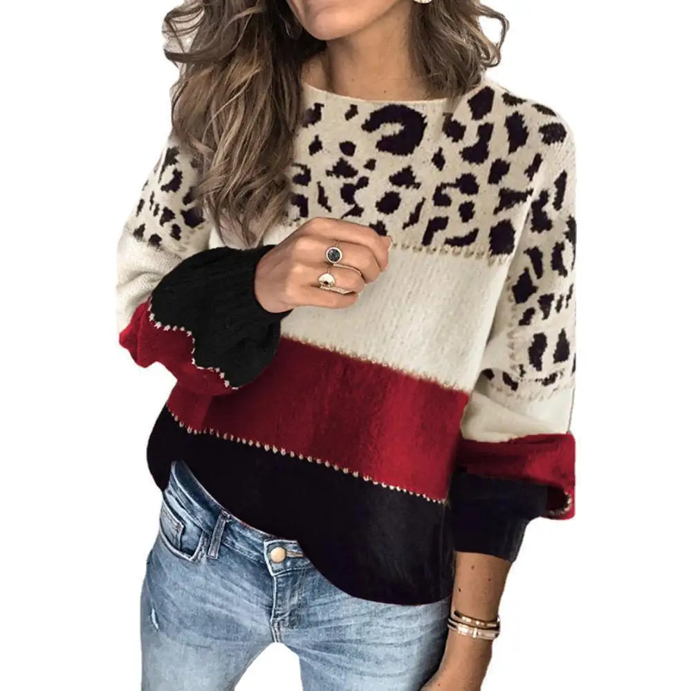 2024 Jesienno-zimowy damski sweter z dzianiny Elegancki modny kontrastowy kolor Długi rękaw O Szyja Luźny sweter damski Leopard Pullover