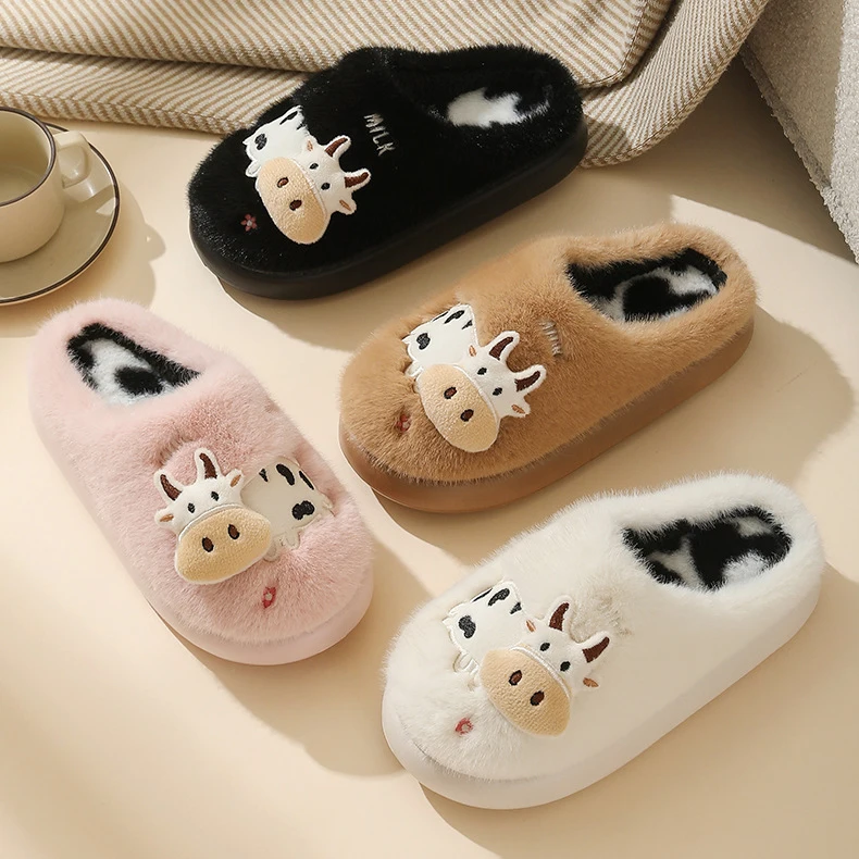 3D-Kuh-Plüsch-Hausschuhe für Damen, warme, flauschige Mules für den Winter, Mädchen-Freizeit-Hausschuhe, flauschige Fell-Slides, Unisex, weiche Plateausohle – Detail 19