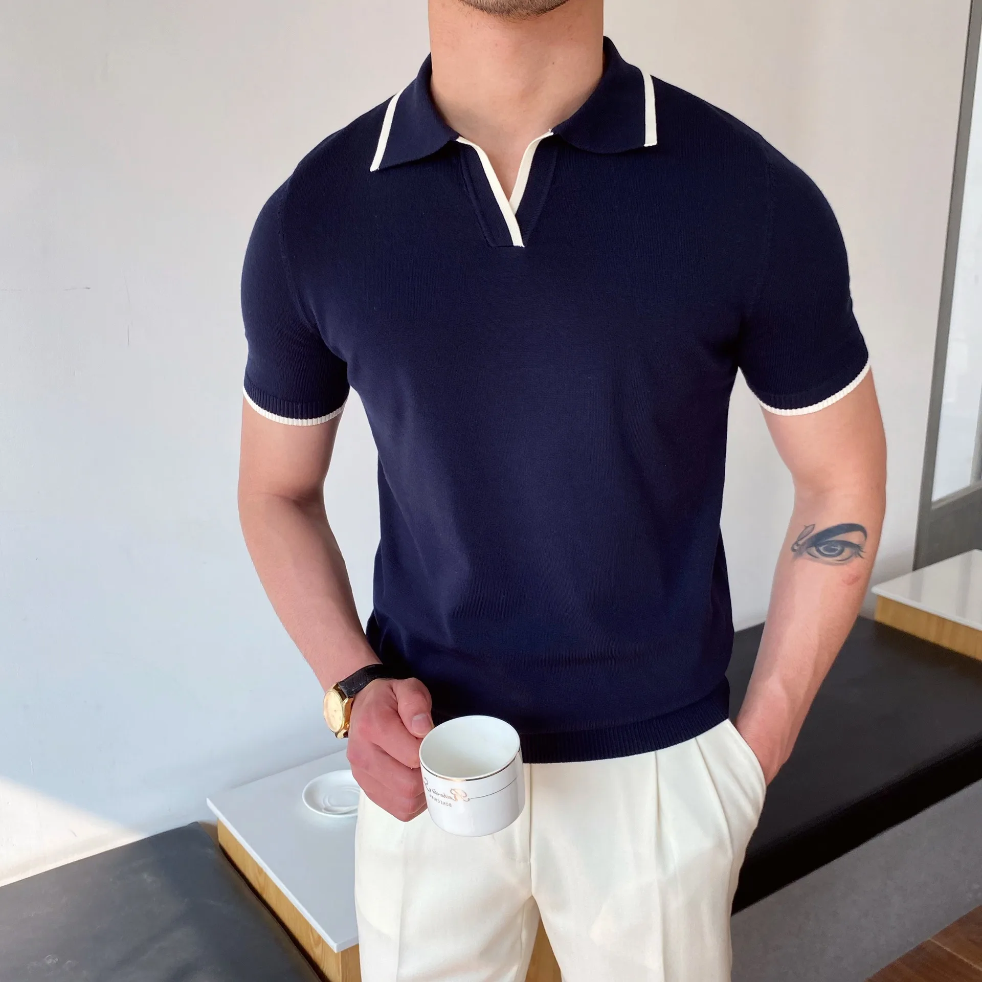 Lapel Polo Shirt Men's Business Versatile Slim-fit Micro-elastic T-shirt Summer Breathable Fashion Knitted Short-sleeved T-shirt