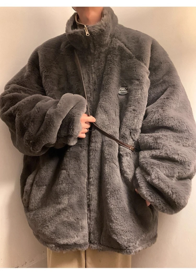 2025 الشتاء الرجال عكسها الصوف مبطن سميكة صوف الضأن معطف رمادي خمر فضفاض المشمش سترة قطن عادية #4