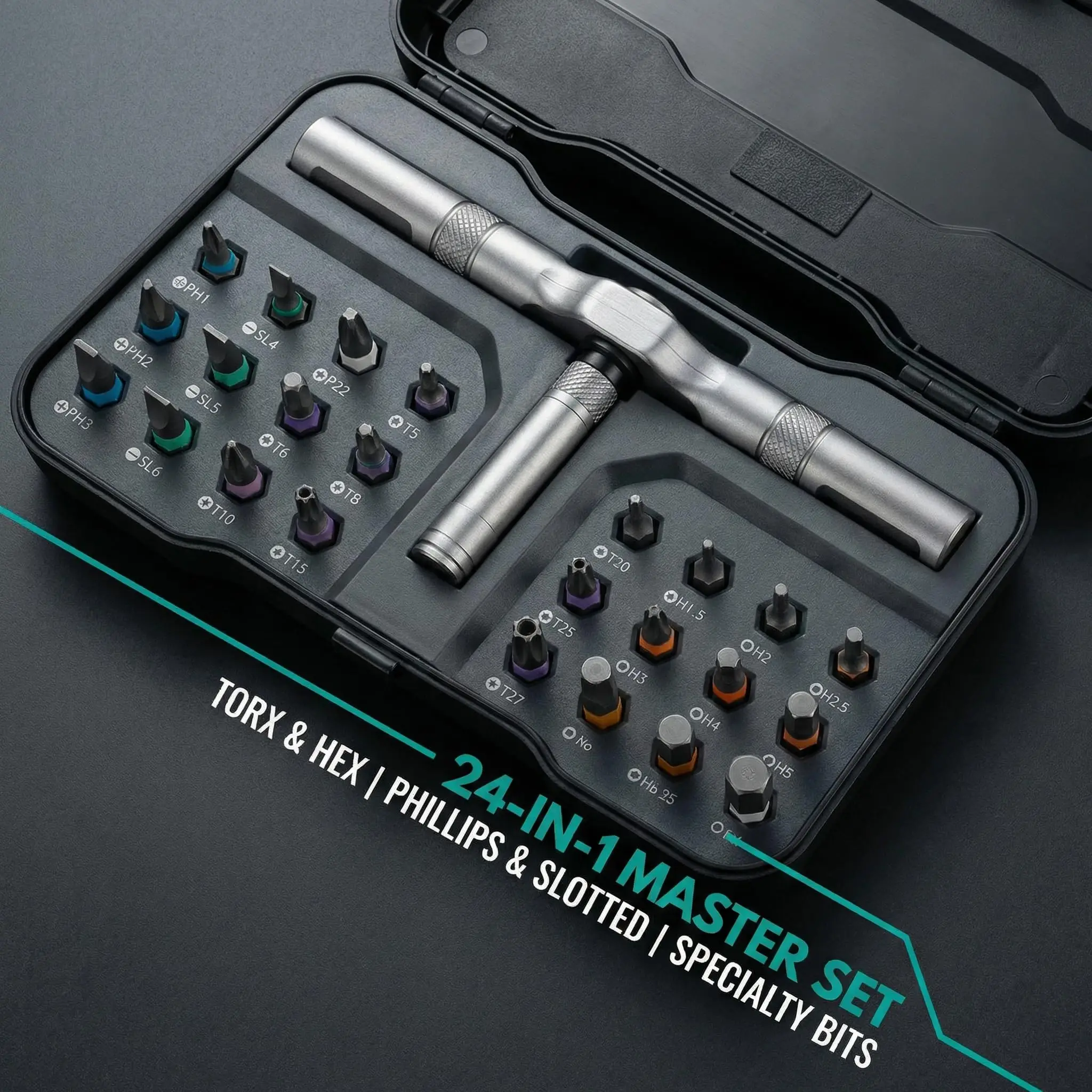 24-in-1 Magnetic Ratchet Screwdriver Set, Color-Coded Bits with Storage Case, Precision Tool for Phone Laptop Glasses Electronic