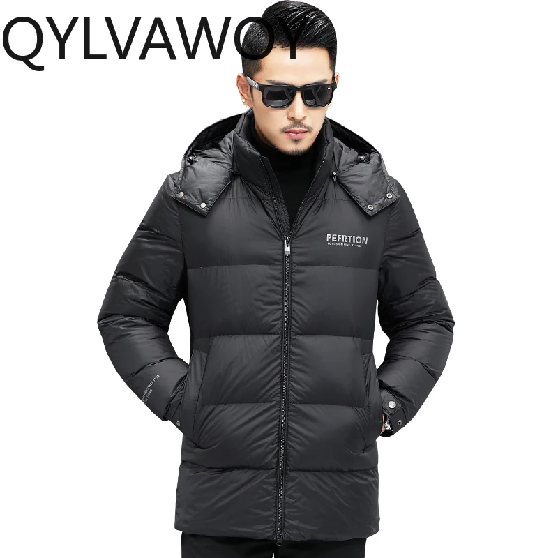 QYLVAWOY 100% Polyester Men's Winter Mid-Length Down Jacket Branded Hooded Outerwear White Duck Down Cold-Proof Thickened LJ2140