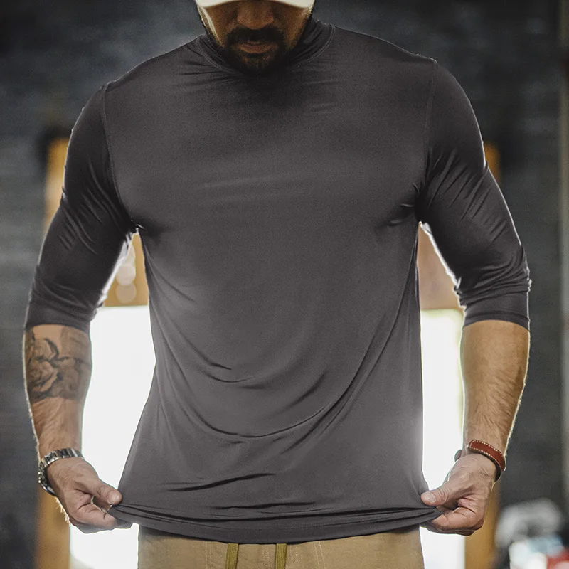 Maden Men's Mock Neck Long Sleeve Tee Slim Fit Stretch Layering Shirt Gray Workout Basic T-shirt for Spring and Fall Underwear