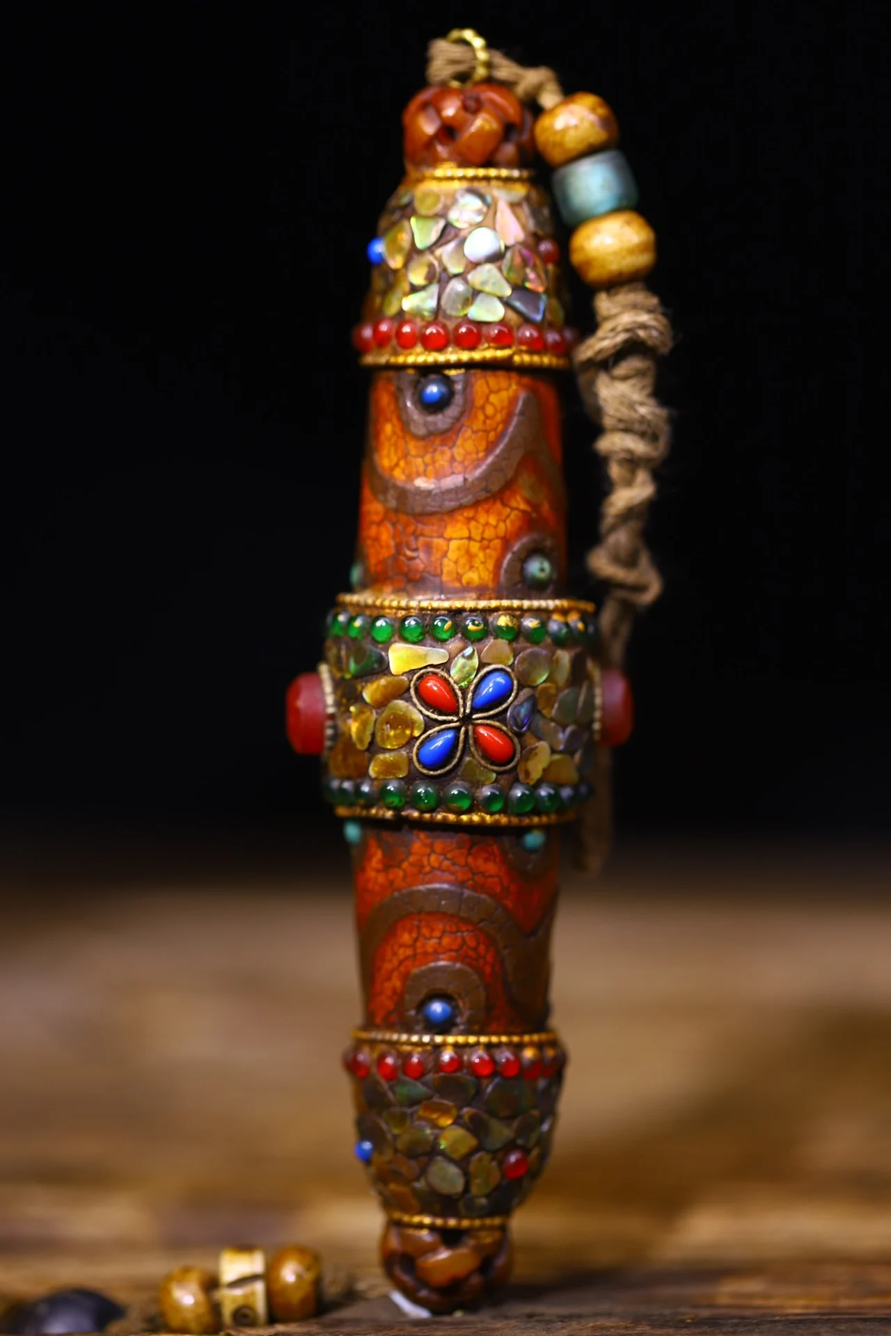 6”Tibetan Temple Collection Old Natural Agate Filigree Mosaic Gem gZi Beads Shell Nine Eyed Buddha Beads Pendant Amulet Exorcism