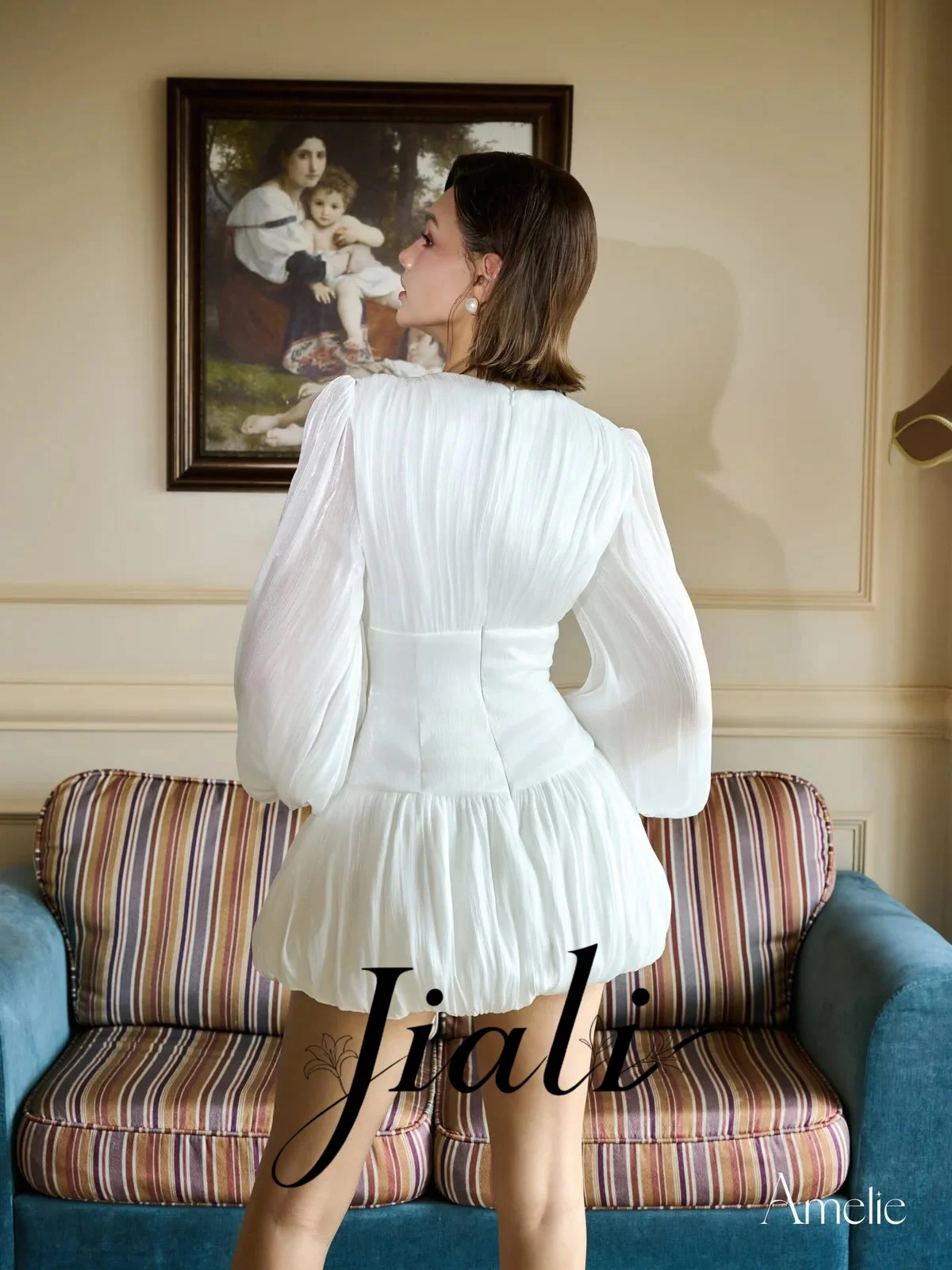Jiali Customized Solid Patchwork Lace Up Blouse Mini Dresses for Women O-Neck Long Sleeve Sweet Style Dress Pleated Bud Dress
