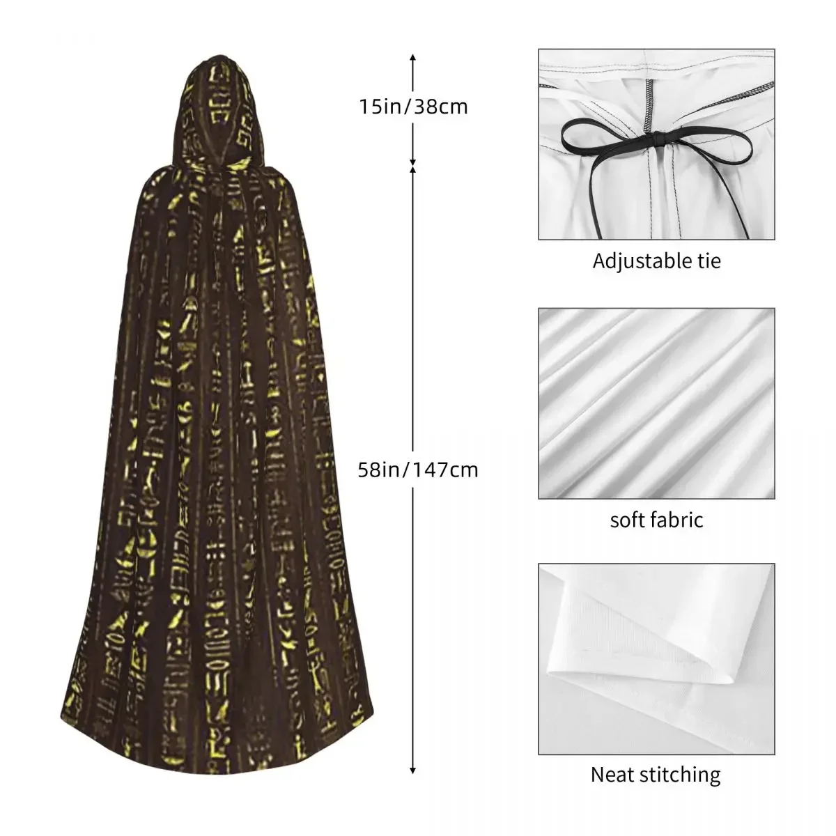 Customization Golden Egyptian And Hieroglyphics On Wood Long Hooded Cloak Witch Medieval Costume Cosplay Cape HalloweenCoat Adul