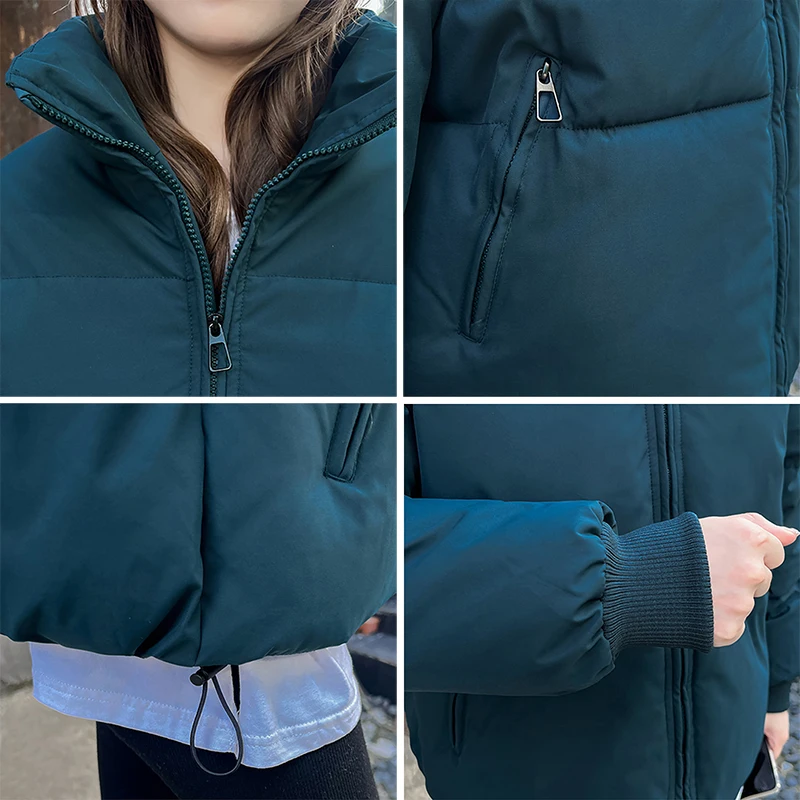 Women Winter Thicken Down Coat Casual Mock Neck Zipper Pocket Cotton-padded Jacket Fall Simple Warm Solid Cardigan Outerwear Y2K