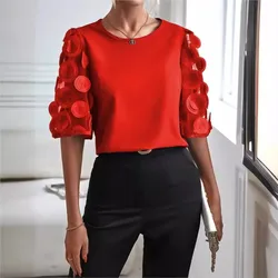 2024 Round Necked Hollow Short Sleeved Shirt Top Casual Lace Patchwork Top Office Lady Elegant Mesh Splicing Blouse Tops Femme