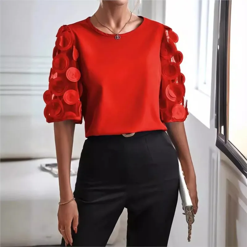 Women's round neck long sleeved fashionable 2024 autumn collection petal sleeves fashionable commuting shirt women's clothing