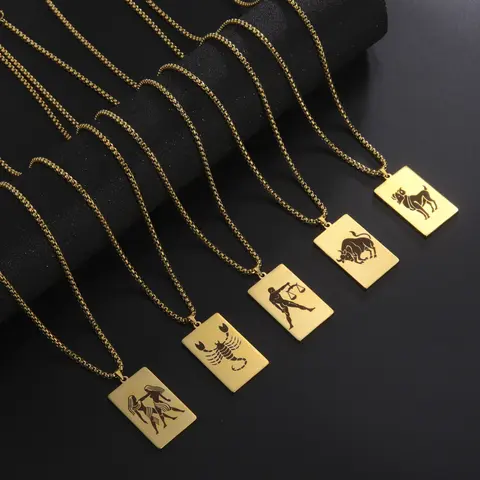 Box Chain 12 Constellation Pendant Necklace for Men Ancient Greek 12 Horoscope Zodiac Never Fade Stainless Steel Necklace Gifts