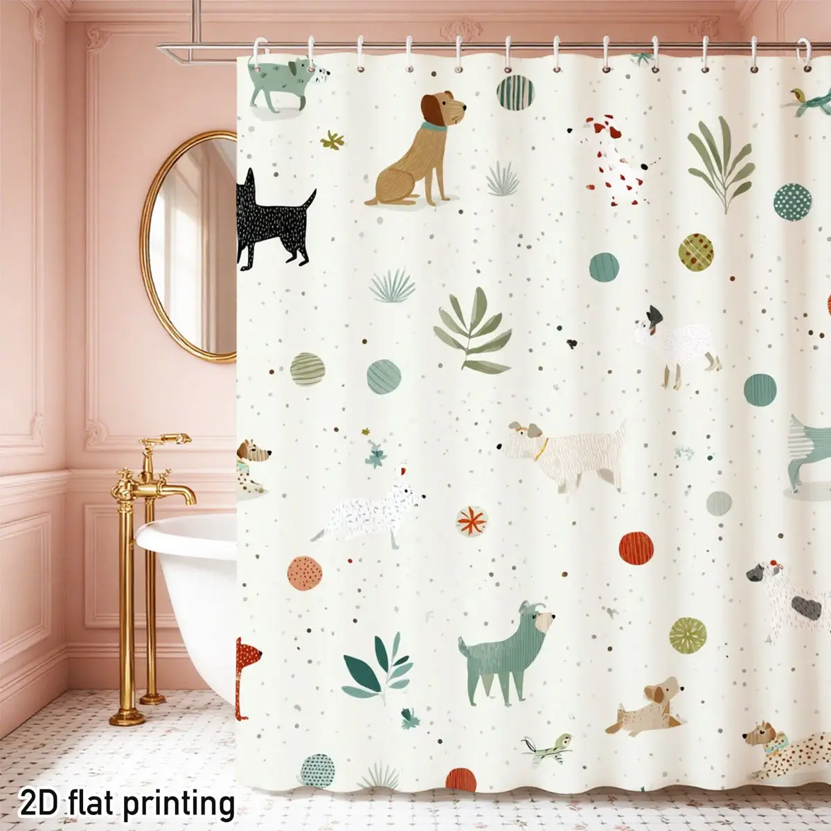

Shower Curtain Polyester Playful Puppies Plants 2D Flat Waterproof Grommet Top Dog Lover Decor Housewarming Gift