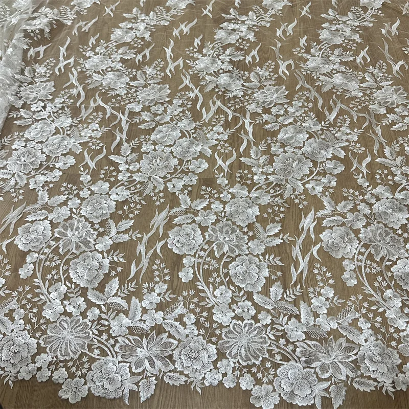 LOW PRICE NEW HOT STYLE Off White Embroidery Tulle Embroidery Lace Fabric Wedding Dress Lace Fabric 1 Yard