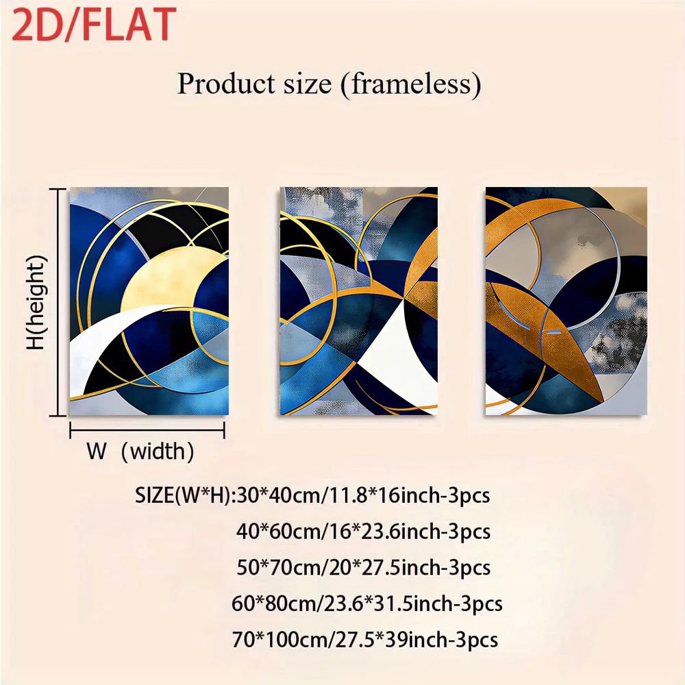 3PCS Frameless,1 set of modern three-panel frameless decorative paintings, light luxury blue and gold geometric art paintings, 2