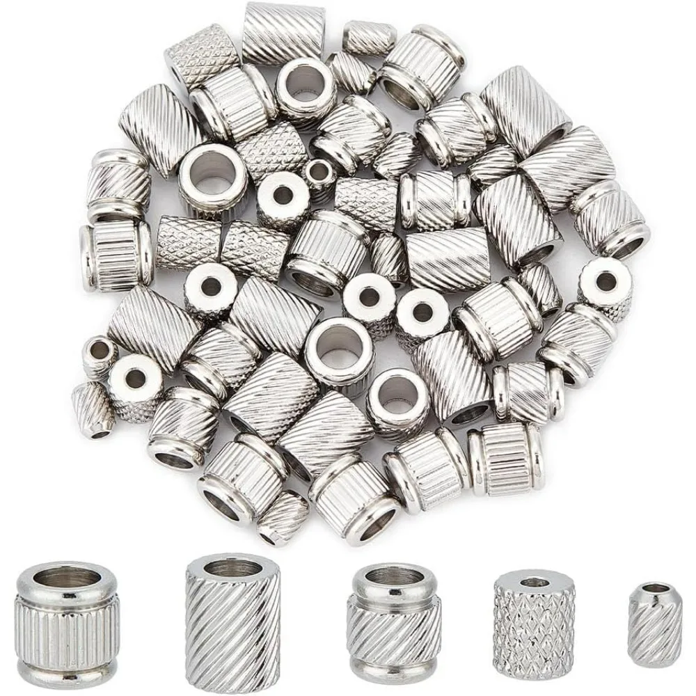 60pcs 5 Styles Paracord Bead Knife Bead Stainless Steel Column Beads Groove Spacer Beads 1.5-5mm Hole Spacer Beads for DIY