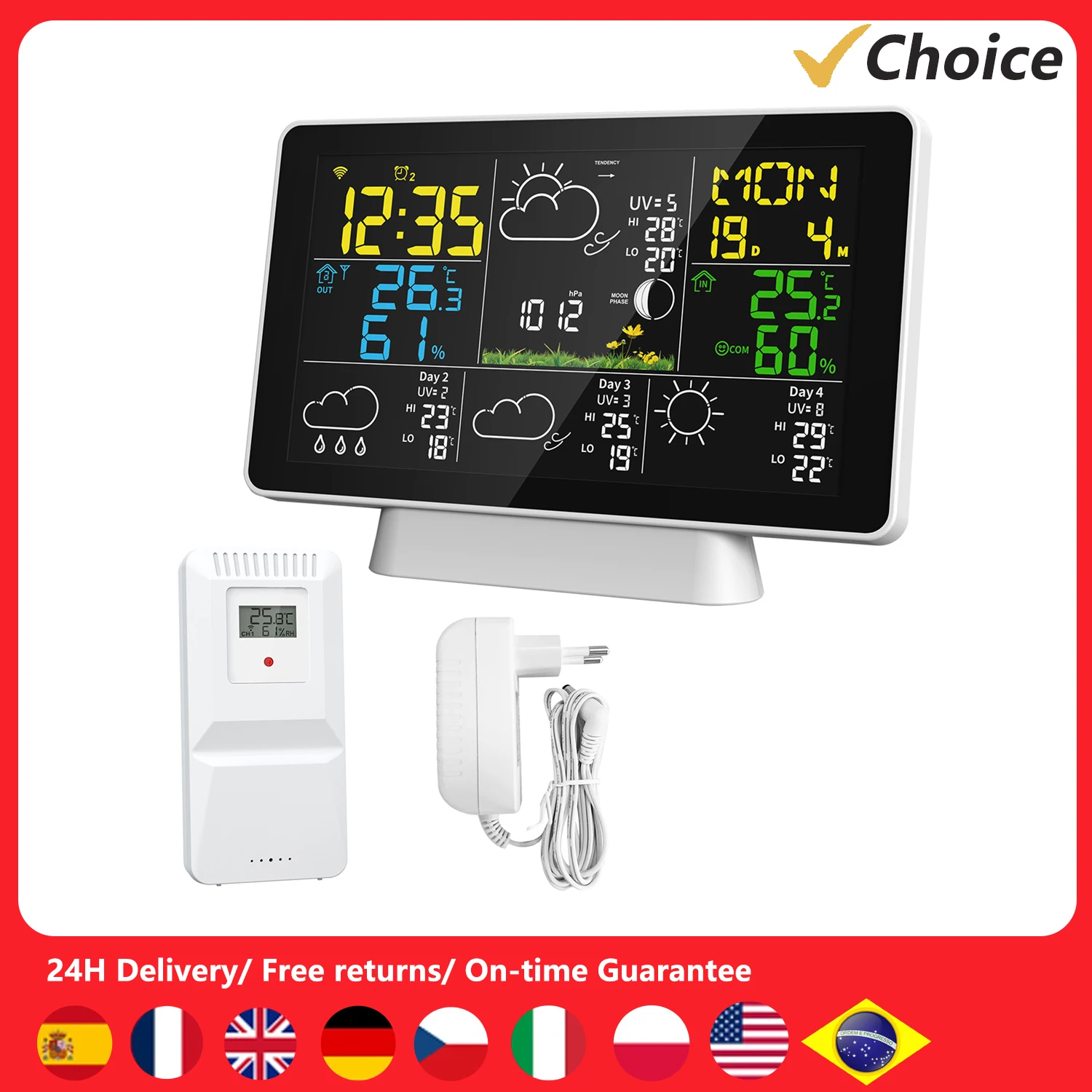 Tuya WiFi Smart Weather Station Temperature and Humidity Meter Time Calibration Moon Phase Atmospheric Pressure Weather Clock