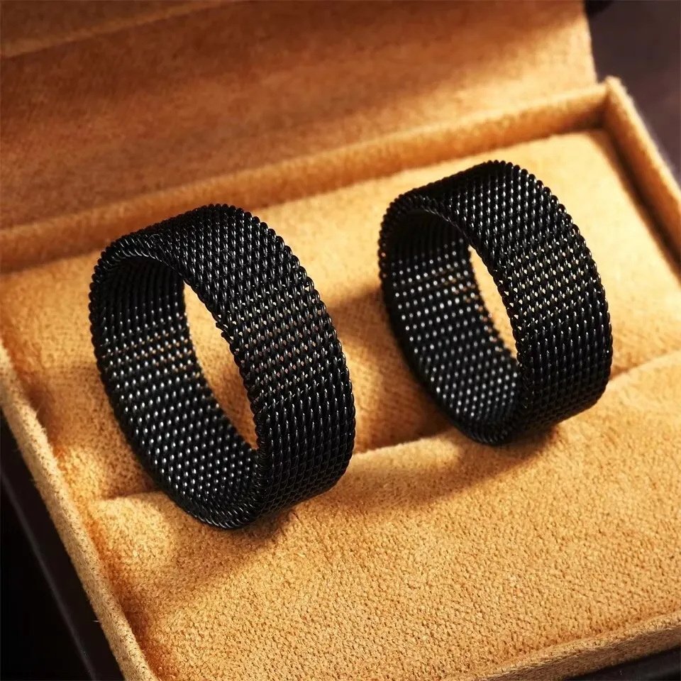Hip Hop Stainless Steel Couple Ring Fashion Mesh Patterned Rings Simple Wedding Bands Women Men's Party Jewelry image 2