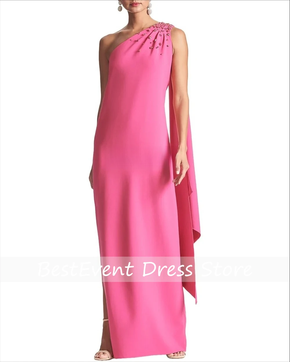 

Customized Fuchsia One Shoulder Beading Straight Floor Length Bridal Party Dresses Bespoke Occasion Dresses with Shawl