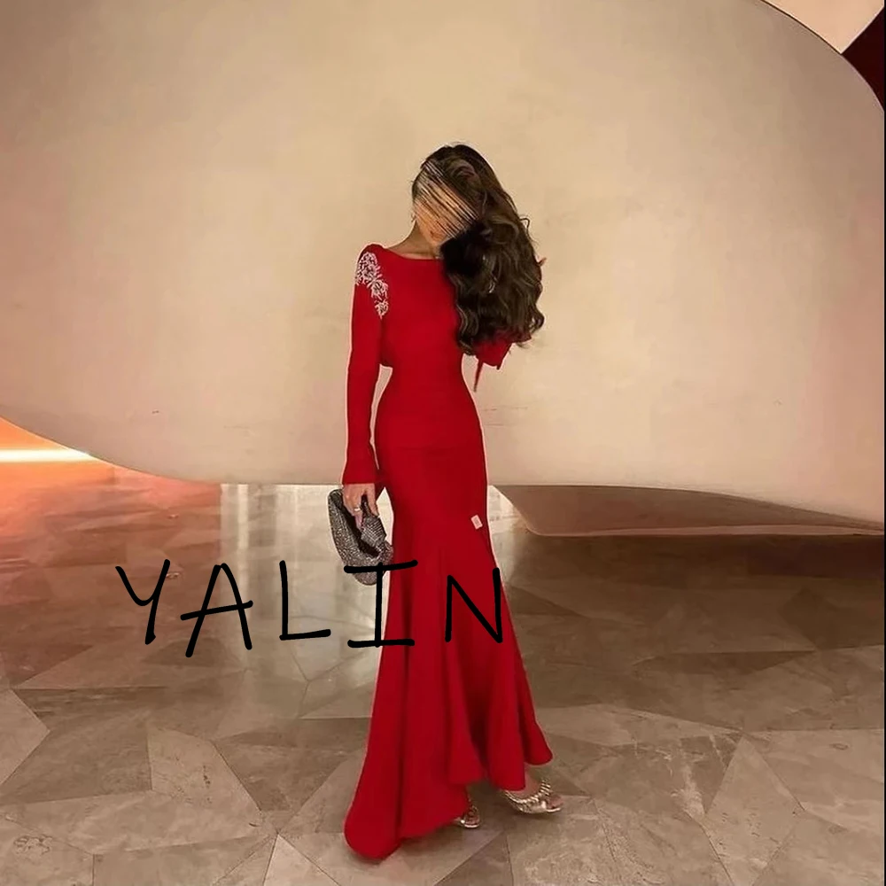 Yipeisha Sexy Red Backless Evening Dresses Elegant Mermaid Jersey O-neck Full Sleeves Ankle Length Pageant Party Gowns