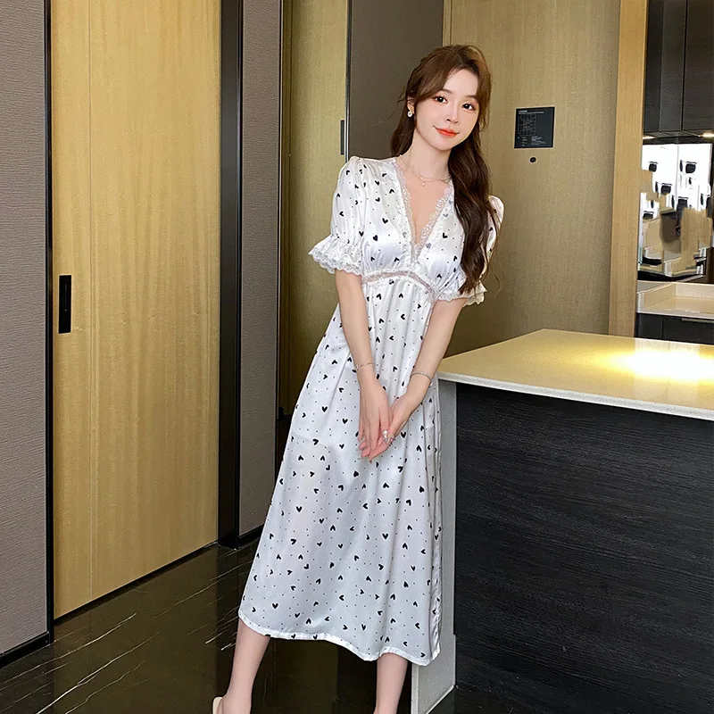 

Sexy V-Neck Short Sleeve Nightgown Print Sleepwear Bathrobe Loose Satin Home Dress French Women Long Nightdress