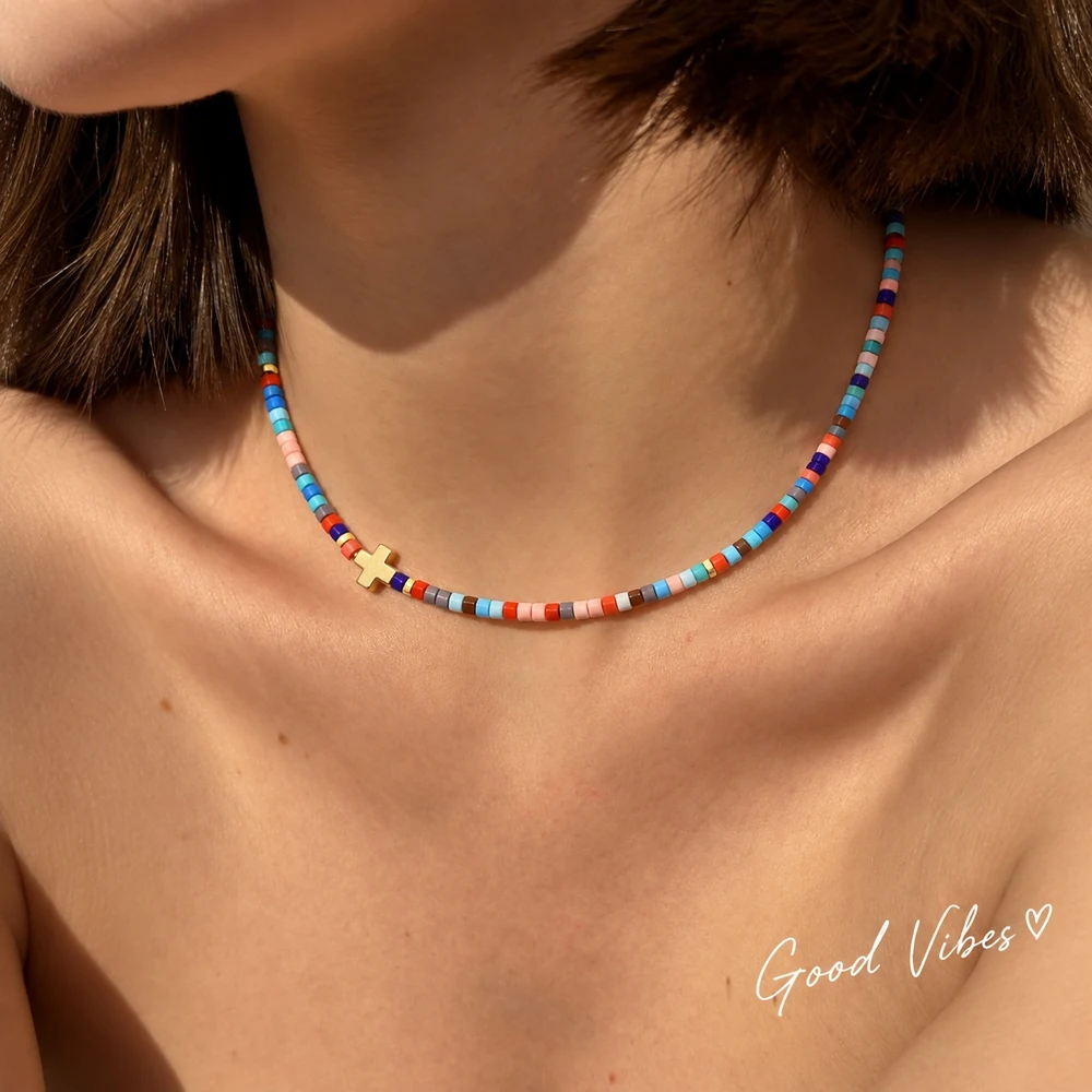 1pc Colorful Clay Bead Cross Pendant Necklace Zinc Alloy Lobster Clasp 42cm Chain with 5cm Extender Party Style