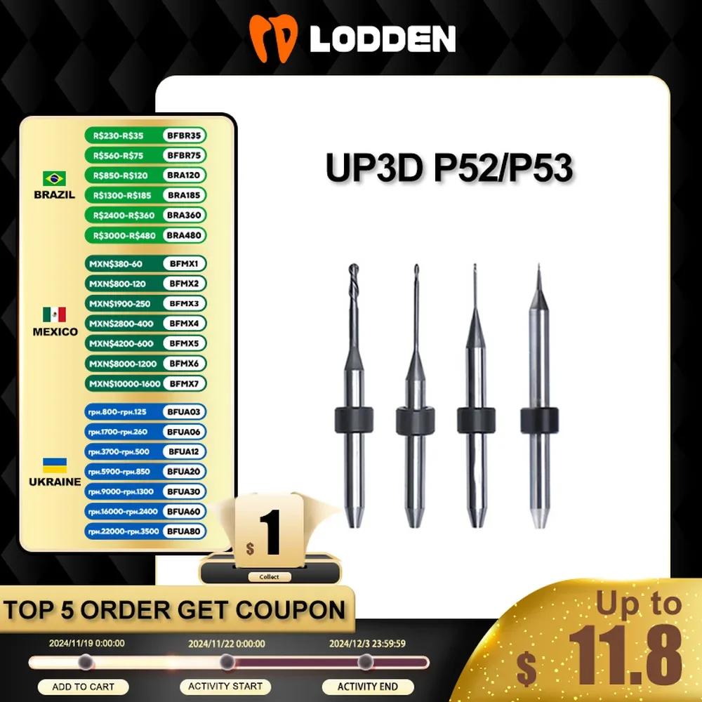 

UP3D P53 Dental Milling Burs For Zirconia PMMA Lithium Disilicate D4 Diamond Coating Milling Cutter P52 Axis Dry Milling Machine