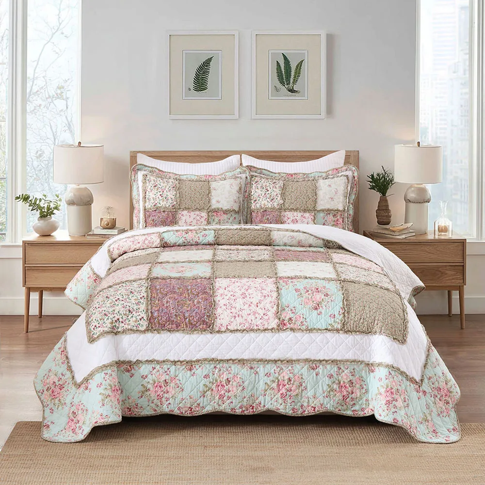 European Country Floral Quilted Bedspread Set 100% Cotton Lightweight Summer Quilt 3PCS for AC