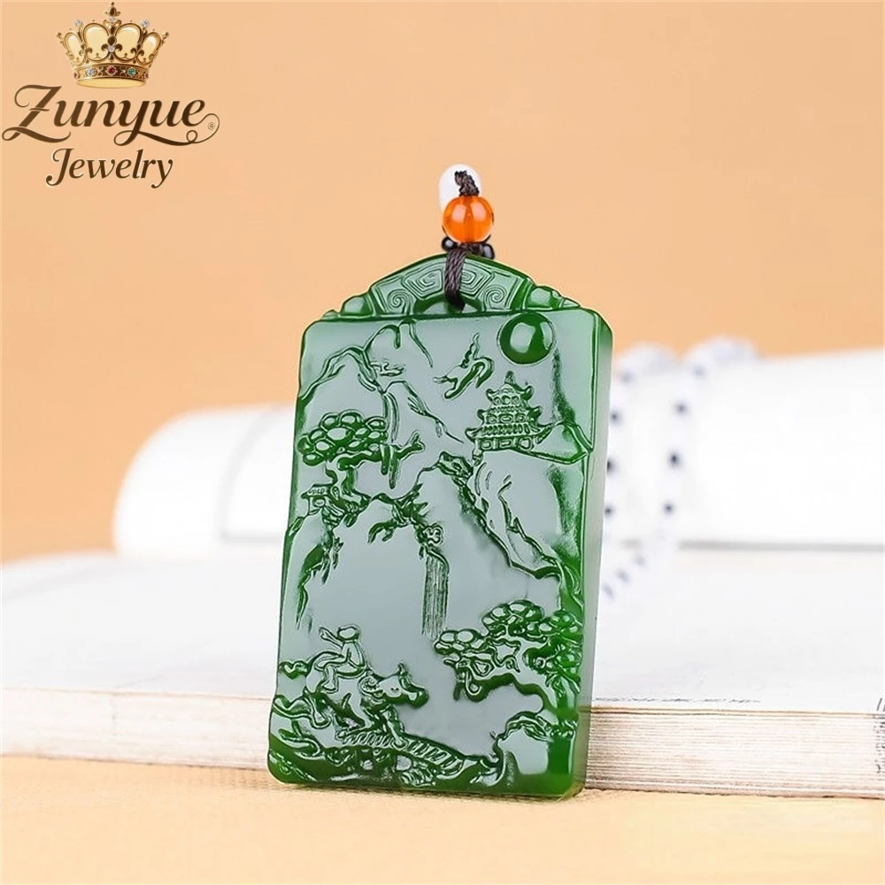 

Natural Hetian Jade Spinach Green Between Mountains And Waters Pendant Luxury Quality Jewelry Fashion Jewelry Charms Exquisite