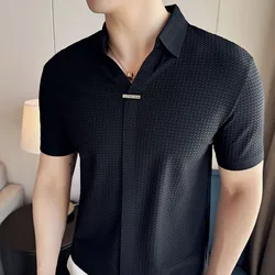 High-quality Ice Silk Seamless Polo Shirt High Elastic V-neck Thin Breathable Casual Lapel T-shirt Business Social Men Clothing