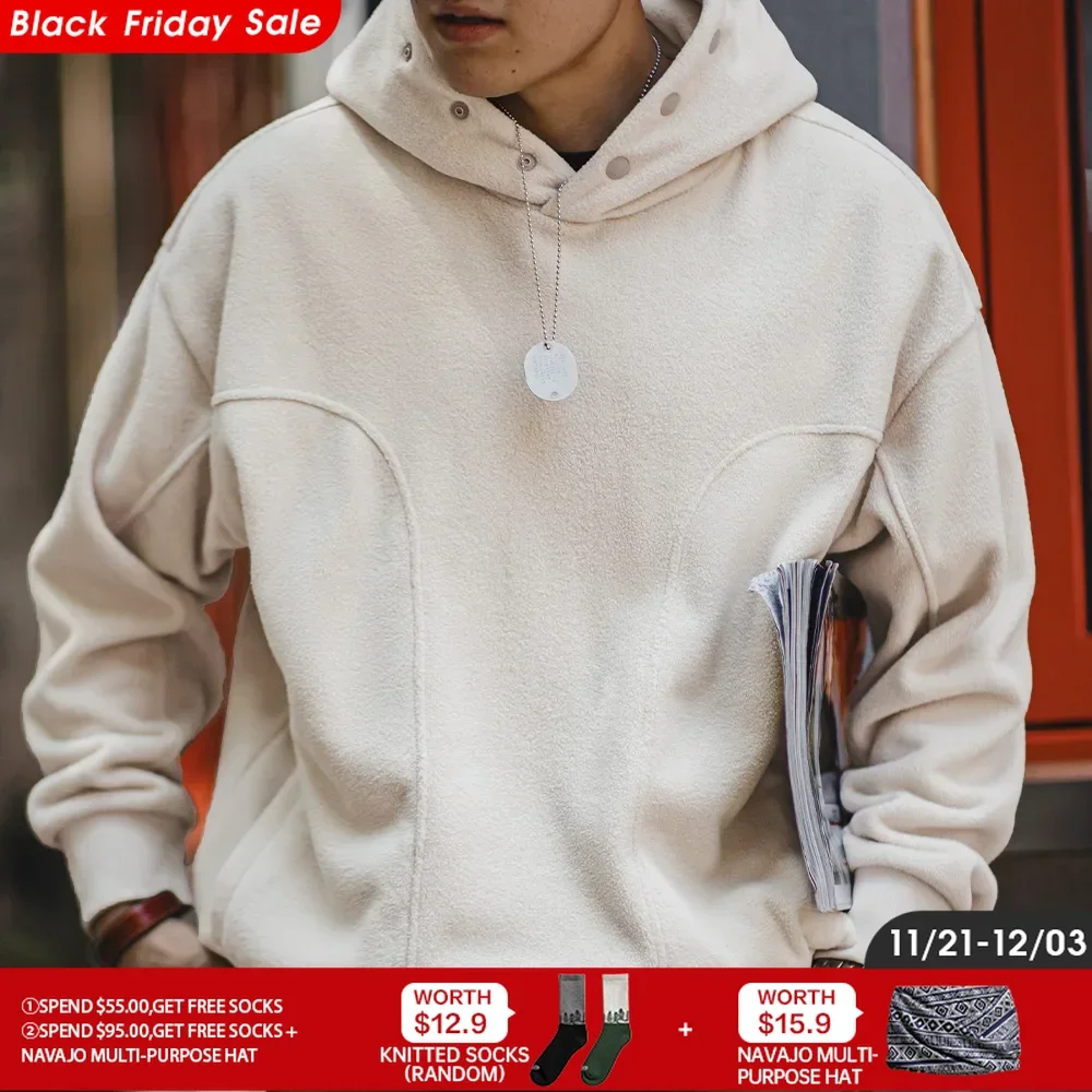 Maden Casual Double-sided Polar Fleece Hooded Sweatshirt with Button Thickened Warm Pullover for Men's Autumn and Winter Hoodie