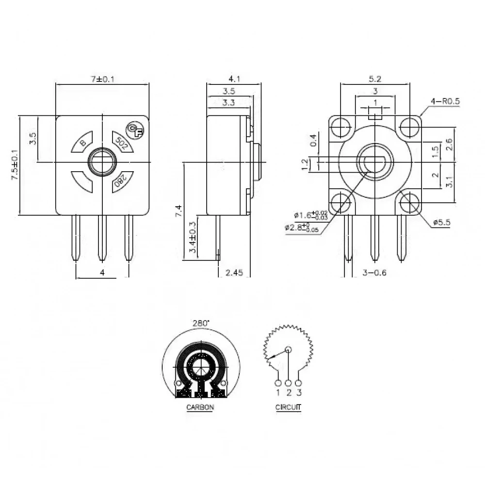 

1PCS RC Servo Potentiometer B5K B502 280° Carbon Film AC50V DC12V Potentiometer RC Plane Helicopter Model Replacement Parts