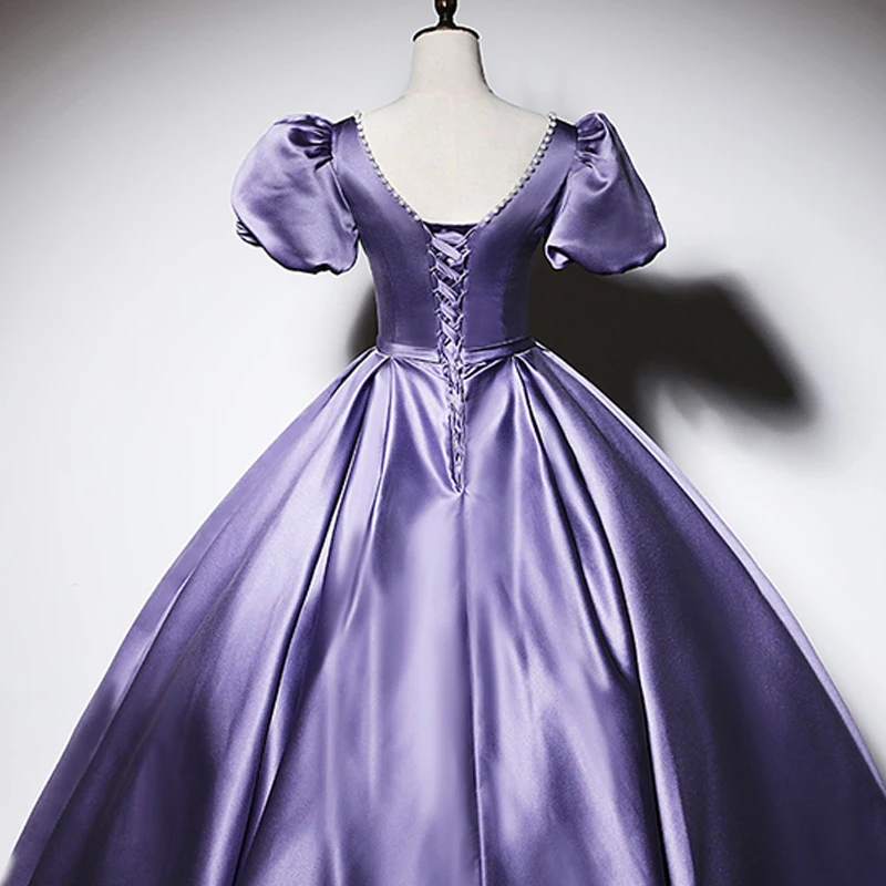 Evening Dress Purple Satin Short Sleeves Pleat A-Line V-Neck Lace Up Floor-Length Fashion Plus Size Party Dresses Woman XE090