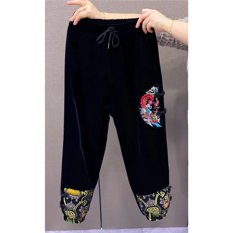 

Plus Size Womens Pants Black Velvet Harem Trousers Retro Embroidery Spring Fashion Patchwork Print Pants Sweatpants Woman