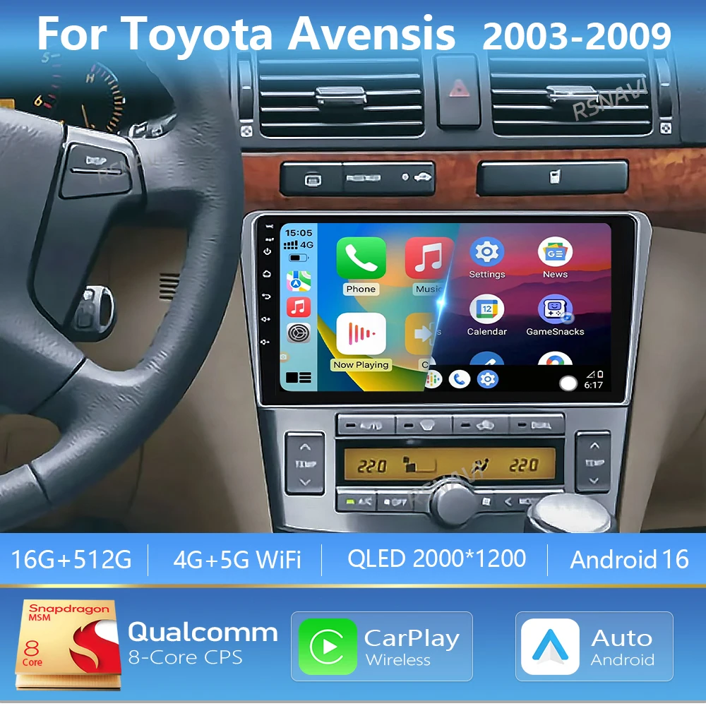 Android 16 Carplay Auto 2K Screen Car Player Radio BT Multimedia For Toyota Avensis T250 2 II 2003 - 2009 2Din Autoradio Stereo