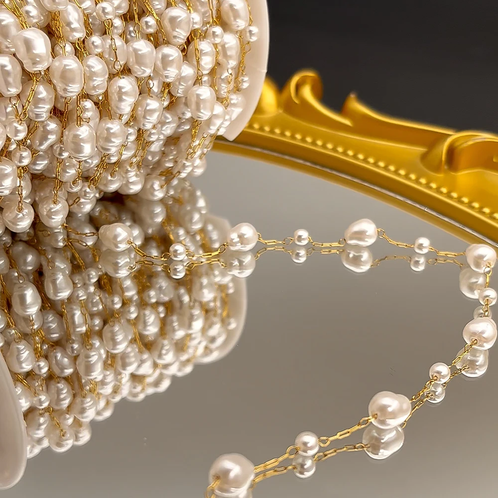 

0.5M 1M Irregular Stainless Steel Imitation Pearl Beaded Chains Necklaces Bracelets Bead Chain Women Jewelry Making DIY Supplies