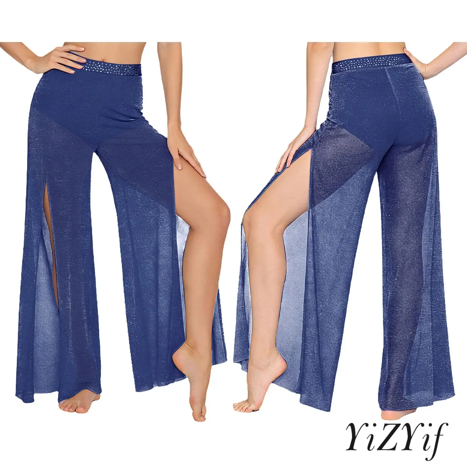 

Womens Lyrical Dance Outfits Rhinestone Waist Shimmering Mesh Legs Wide Leg Pants Modern Dance Costume for Ballet Jazz Dance