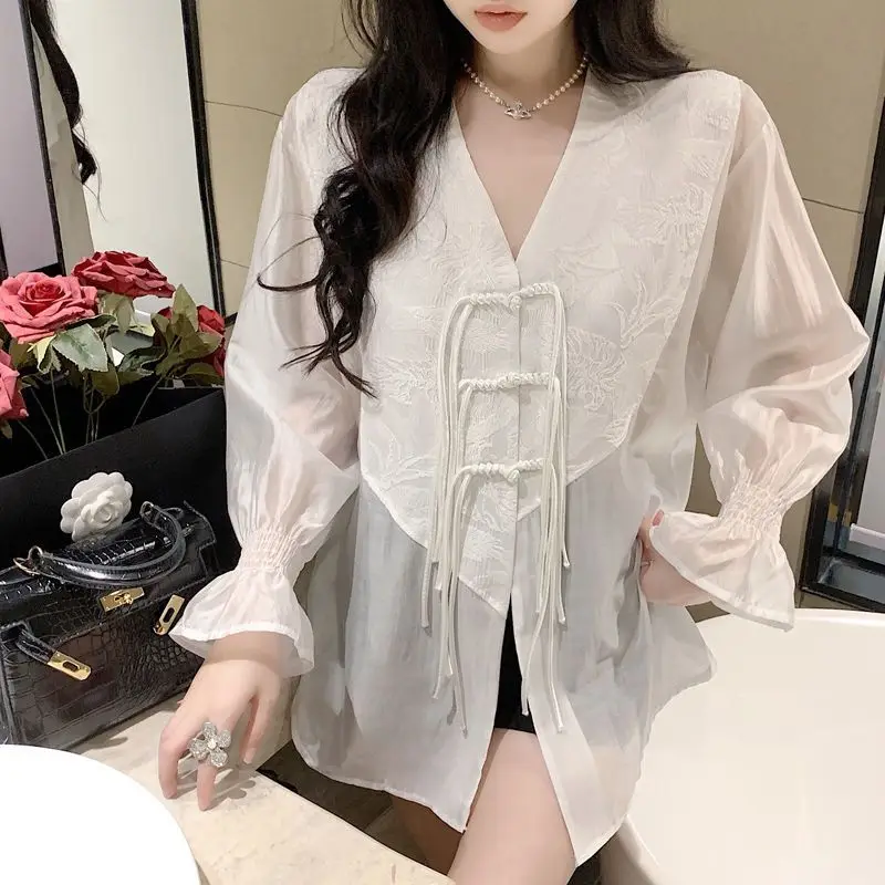 Vintage V-neck Single-breasted White Shirt Women Silk Blouse Flared Long Sleeve See-through Chic Summer Tops Mujer Clothing