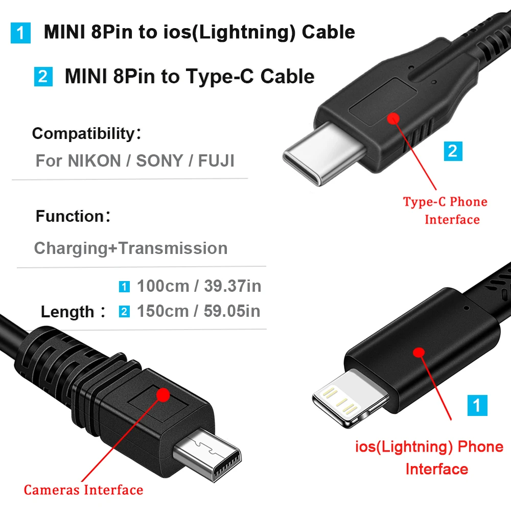 OTG Cable for Type-C to mini8Pin Data Sync & Cable for iOS Phone,USB Camera Adapter Transfer Photo Video to Android mobile phone