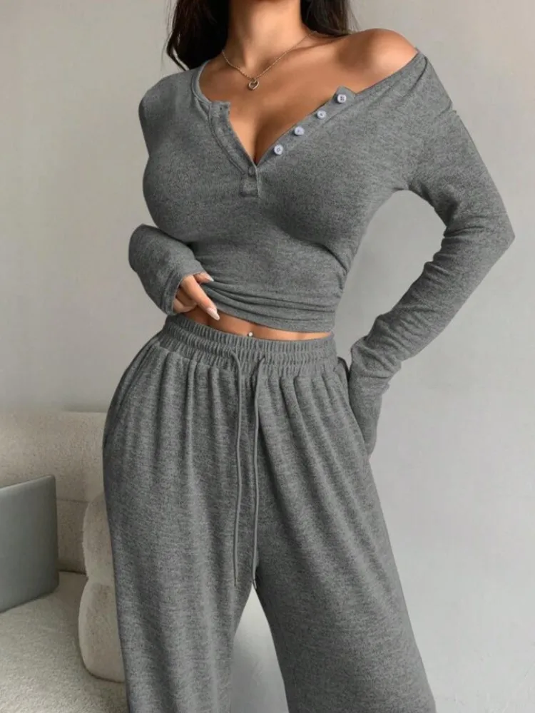 

Spring Autumn Women Two-piece Suit Casual Slim Long Sleeve Tracksuit Suit Button Solid Tights And Trousers 2-piece Set Clothing