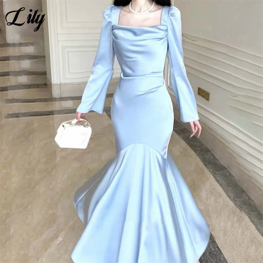 

Lily Blue Prom Dresses Off Shoulder Long Sleeve Celebrity Dresses Mermaid Satin Women's Evening Dresses Formal Gown Customized