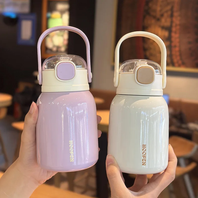 500ml 316 Stainless Steel Straw Cup, One Click Pop Lid Gloss Vacuum Insulated Water Bottle with Carry Handle for Outdoor Sports