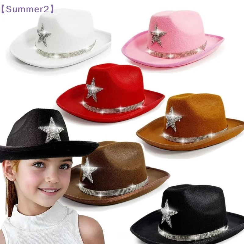 【Xia2】Rhinestone Star Kids Cowboy Hat Sparkly Bedazzled Western Hat With Five Point Star For Carnival Beach Party Costume{S}