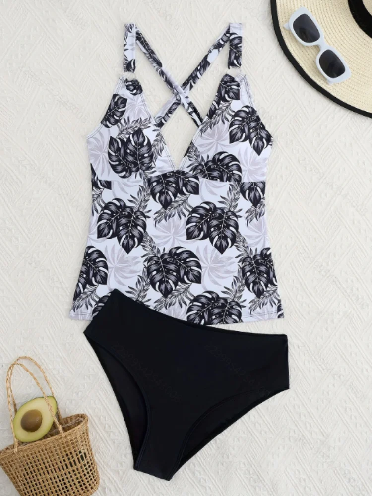 

Two Piece Swimsuit Women 2025 New Print V Neck Sling Tankini Swimwear Summer High Waist Beachwear Bathing Suit Female Swimming