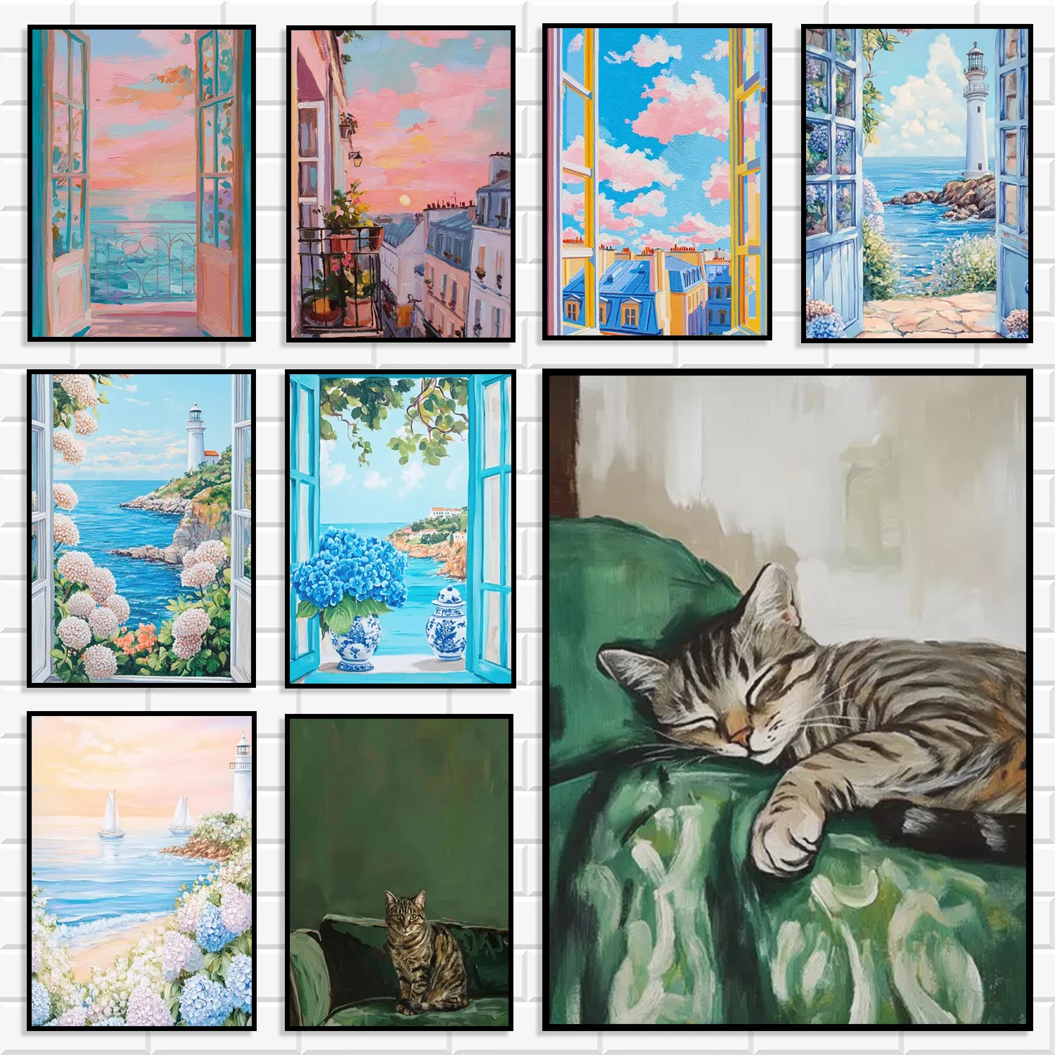 Nordic Window View Coastal Scenery Wall Art Prints Sleeping Cat Lighthouse Ocean Hydrangea Colorful Sky Canvas Poster Home Decor